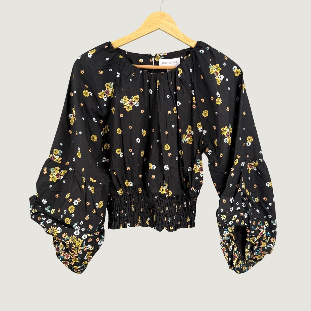 Lost + Wander Black Floral Smocked Waist Top Balloon Sleeves Size Small New